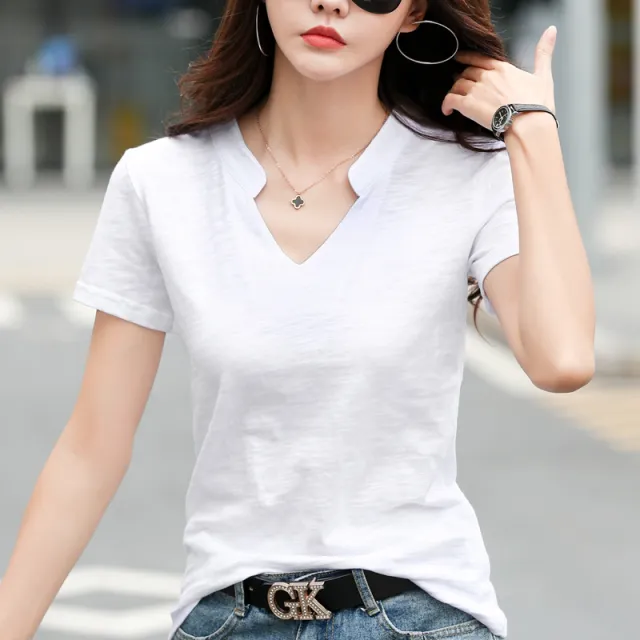 Summer Loose Short sleeved Women's T shirt Slub Cotton V neck Casual White - Shop at LoveMi
