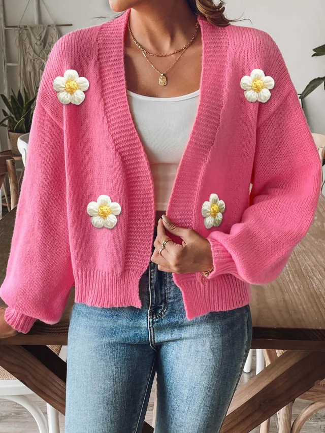 Women's Cardigan Crocheted Patchwork Knitting Long Sleeve Rose Red - Shop at LoveMi