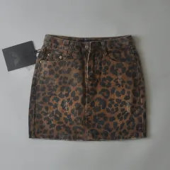 Leopard Print Denim Skirt Women's High Waist - Brown Leopard Print - View 1