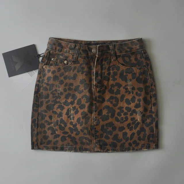 Leopard Print Denim Skirt Women's High Waist Brown Leopard Print - Shop at LoveMi