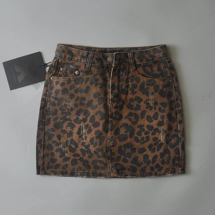 Leopard Print Denim Skirt Women's High Waist - Brown Leopard Print