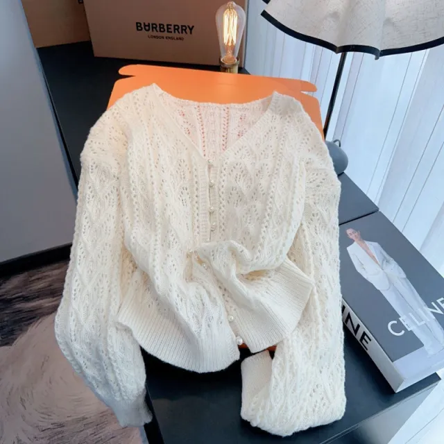 Blue V neck Loose Thin Office Cardigan Coat Top White - Shop at LoveMi