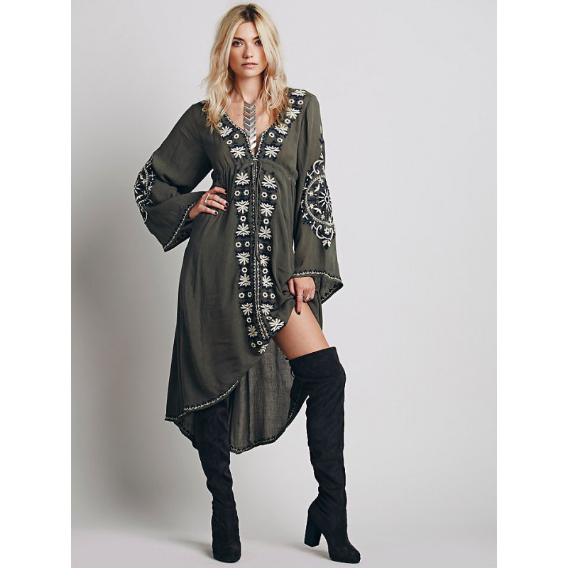 Bohemian Exquisite Embroidery High And Low Hem Flare Sleeve Dress Army Green - Shop at LoveMi