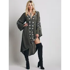 Bohemian Exquisite Embroidery High And Low Hem Flare Sleeve Dress - Army Green - View 1