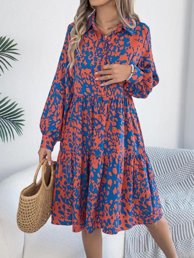 Casual Loose Contrast Color Leopard print Long sleeved Shirt Dress Red - Shop at LoveMi