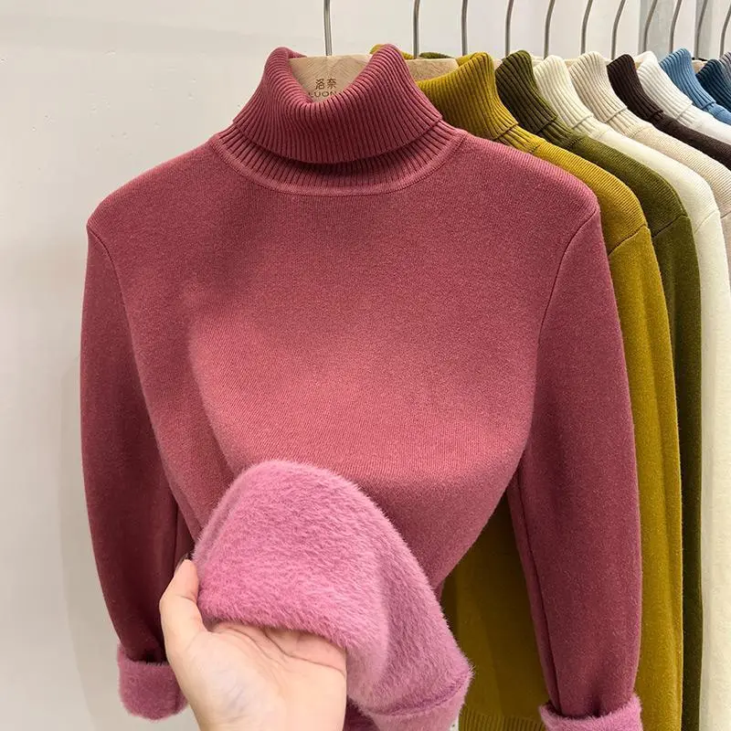 Women's Warm Thickened Inner Wear Long-sleeved Knitted Top - Rose Red
