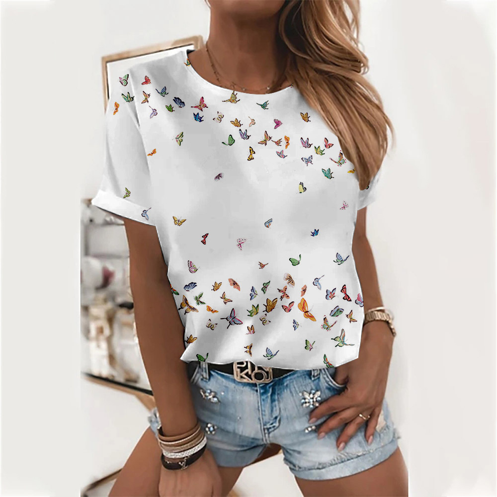 Womens Round-neck 3D-printed Short-sleeve T-shirt