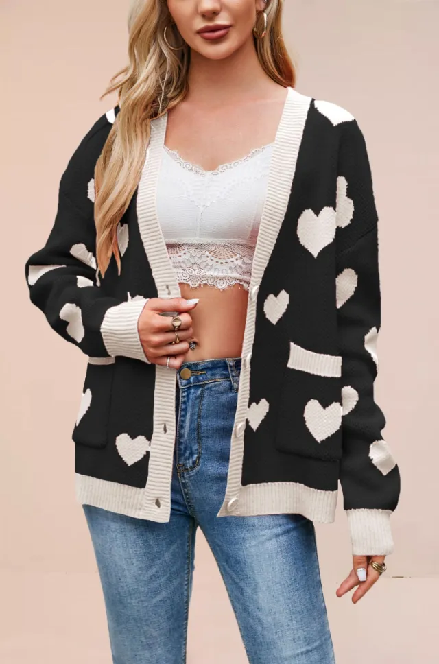Heart Peach Knitted Cardigan Pocket V neck Common Style Coat Black - Shop at LoveMi