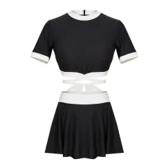 Women's Split Skirt Japanese Style Conservatively Thin Swimming Suit - Black - View 1