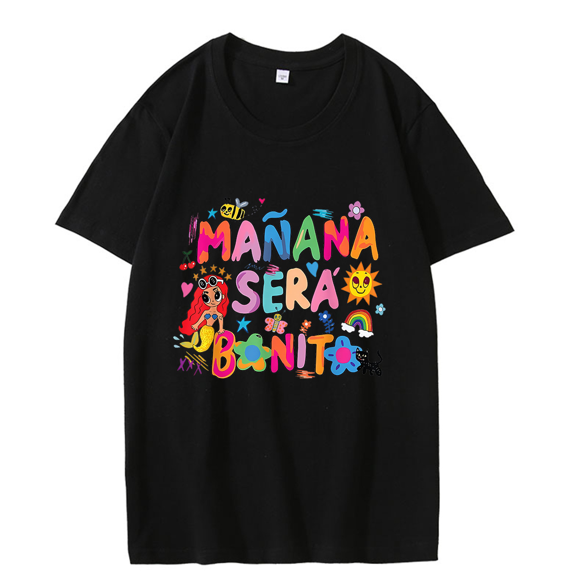 Cartoon Mermaid Print Women's Round neck Short Sleeve Black - Shop at LoveMi