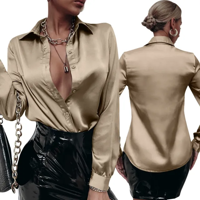 Satin Pleated Long sleeved Top Casual Loose Bronze - Shop at LoveMi