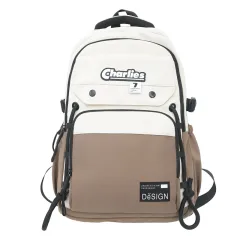 Large Capacity Men's Contrast Color Double Fashion Cool College Student Couple Backpack - Brown - View 1