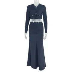 Solid-colour V-neck Pleated Skirt Two-piece Set For Women - Black - View 1