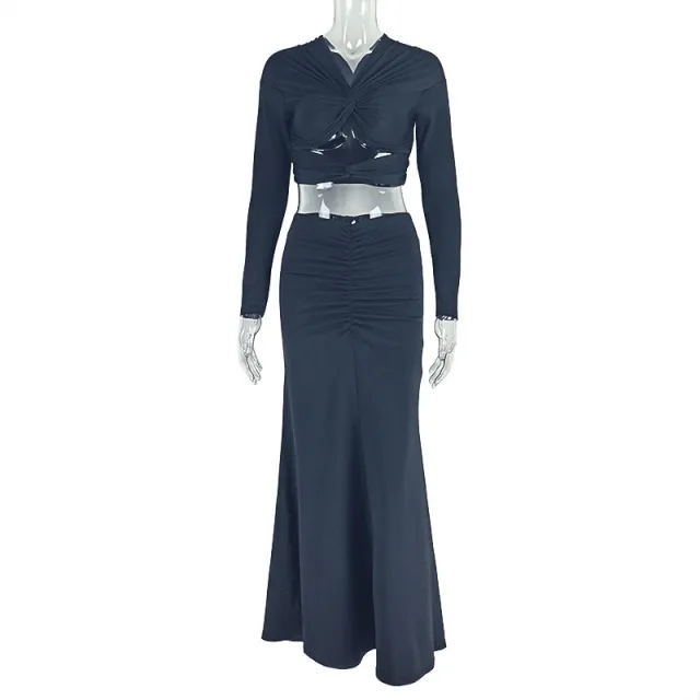 Solid color V neck Pleated Skirt Two piece Set For Women Black - Shop at LoveMi