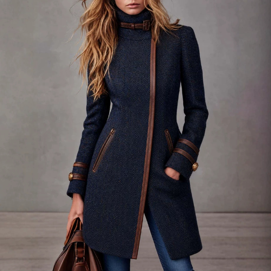 Mid-length Tweed Coat With Side Zipper And Herringbone Pattern