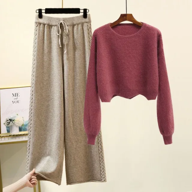 Autumn And Winter Set Knitted Sweater Slimming All match Wide Leg Pants Suit Red Sweater Suit - Shop at LoveMi