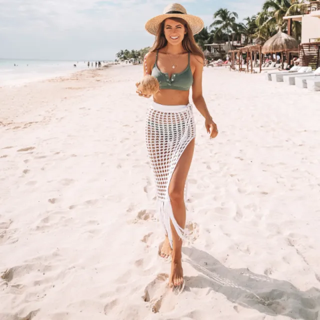 Beach Vacation See through Grid Hollow Split Tassel Knitted Dress White - Shop at LoveMi