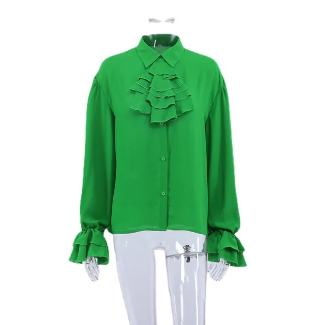 Shirt Chiffon Perspective Ruffle Top Slim Fit Green - Shop at LoveMi