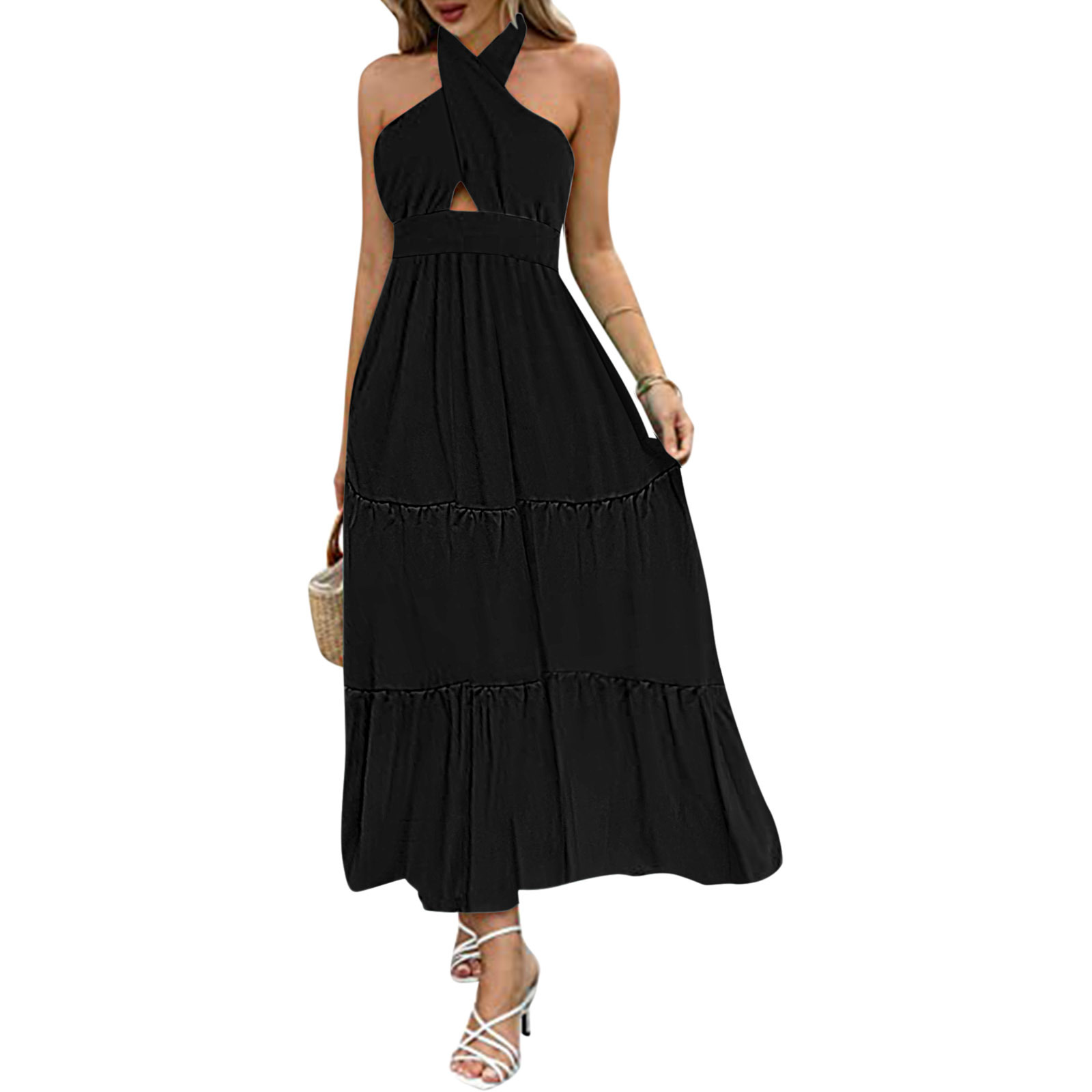 Sense Backless Halter Strap Printing Dress Pure Black - Shop at LoveMi