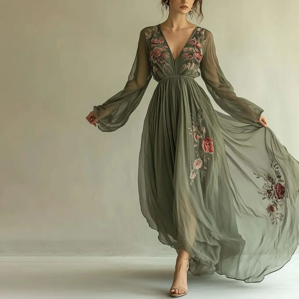 Printed Bohemian Elegant Holiday Long Dress - Green
