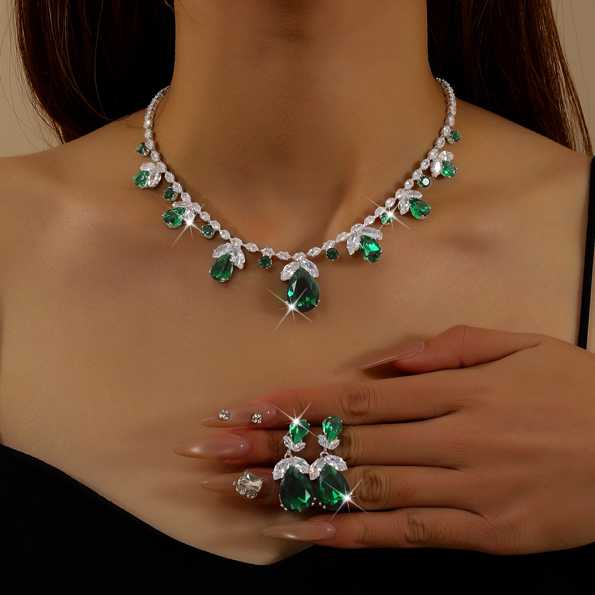 Colorful Intricately Crafted Zircon Necklace And Earrings Jewelry Set