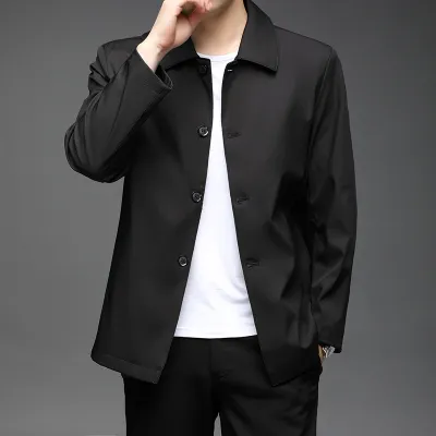 Fall Winter Men Polo Collar Solid Color Business Jacket Short Button Lightweight Coat