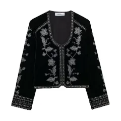 Women's Casual Embroidered Velvet Jacket - Black - View 1