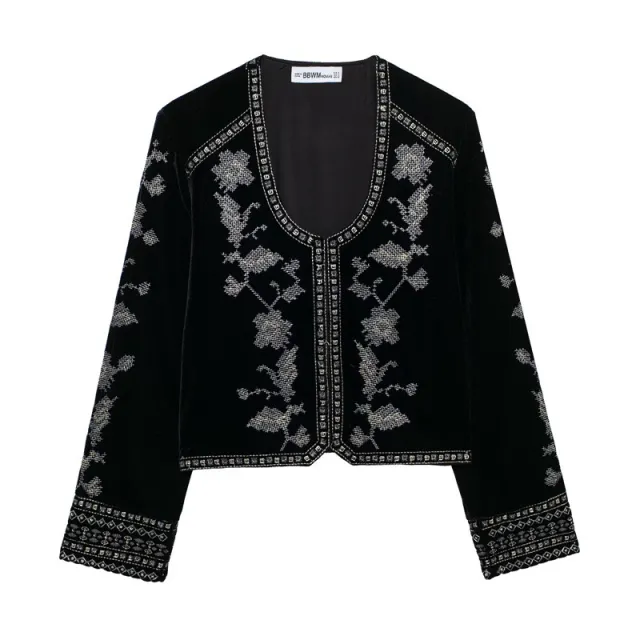 Women's Casual Embroidered Velvet Jacket Black - Shop at LoveMi