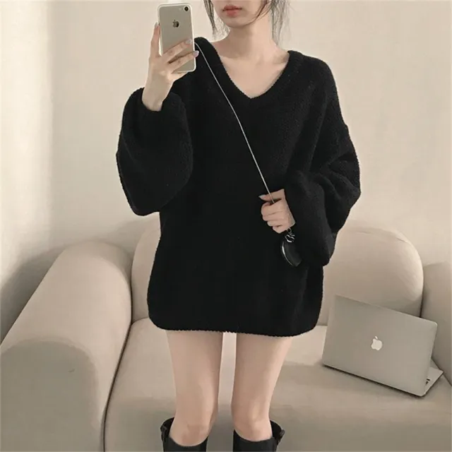 Autumn And Winter Thick V neck Sweater Loose Mid length Sweater Black - Shop at LoveMi