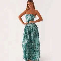 Fashion Tube Top Printed Long Dress Women - Green - View 1
