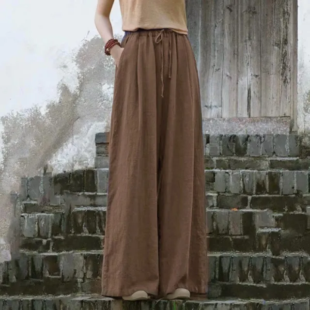 Women's Solid Color Casual Loose Cotton And Linen Wide leg Trousers Khaki Brown - Shop at LoveMi