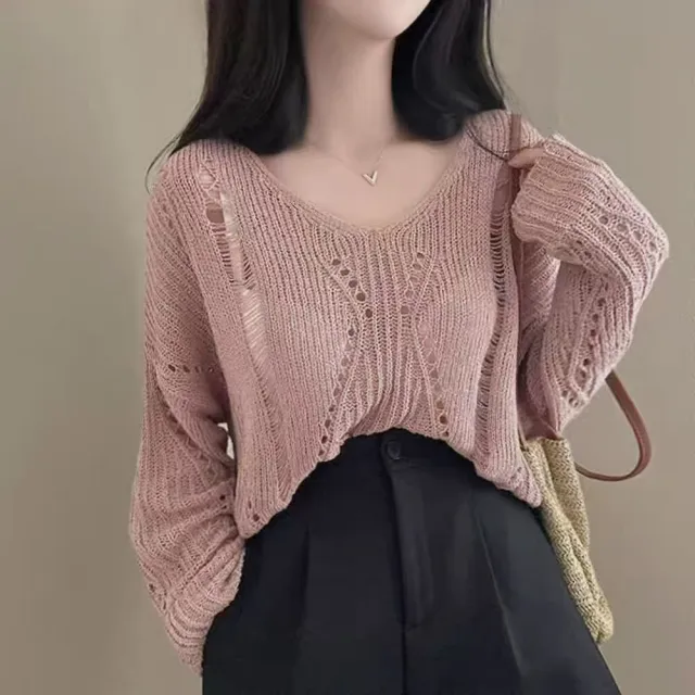 Hollow out Ice Silk Thin Long Sleeve Mid length V neck Sweater Pink - Shop at LoveMi