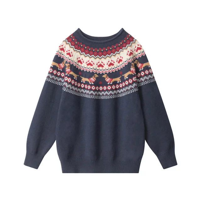 European And American Retro Contrast Color Loose Couple Jacquard Loose fitting Pullover Sweater Sapphire Blue - Shop at LoveMi