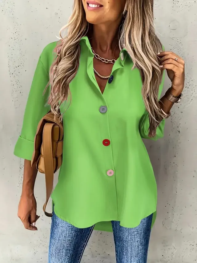 Casual Women's Solid Color Buttons Long Sleeve Shirt Top Green - Shop at LoveMi