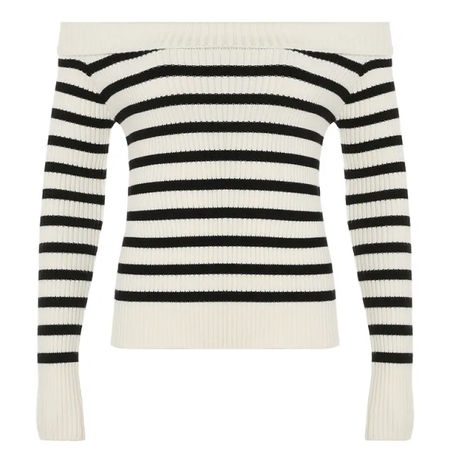 European And American Women's Clothing Contrast Color Striped Off shoulder Sweater Black And White - Shop at LoveMi
