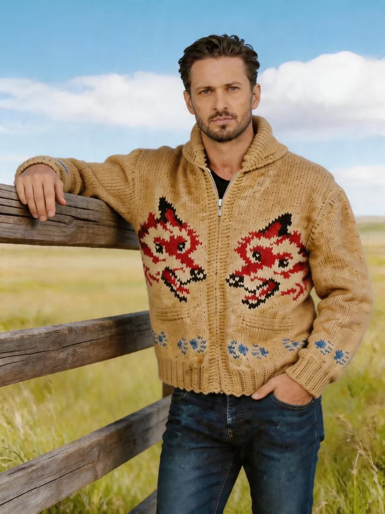 Fox-Pattern Jacquard Zip Cardigan, picture 2 of 8