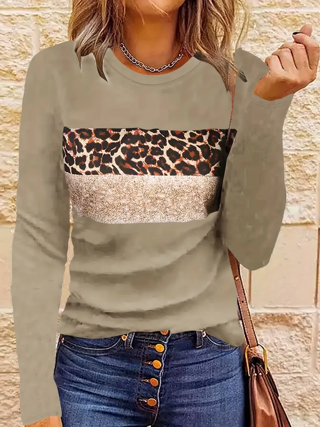 Women's Simple Casual Printing Long Sleeved Fitted T-shirt - Khaki