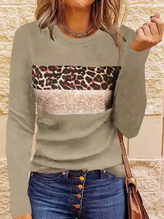 Women's Simple Casual Printing Long Sleeved Fitted T-shirt - Khaki - View 1