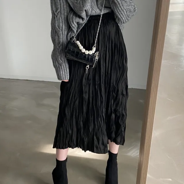 Vintage Crumpled Elastic Waist Large Swing A Line Midi Skirt Black - Shop at LoveMi