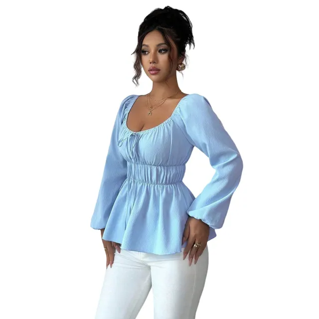 Drawstring Slim fit Short Long sleeve Blouse With Ruffled Hem Design For Women Blue - Shop at LoveMi