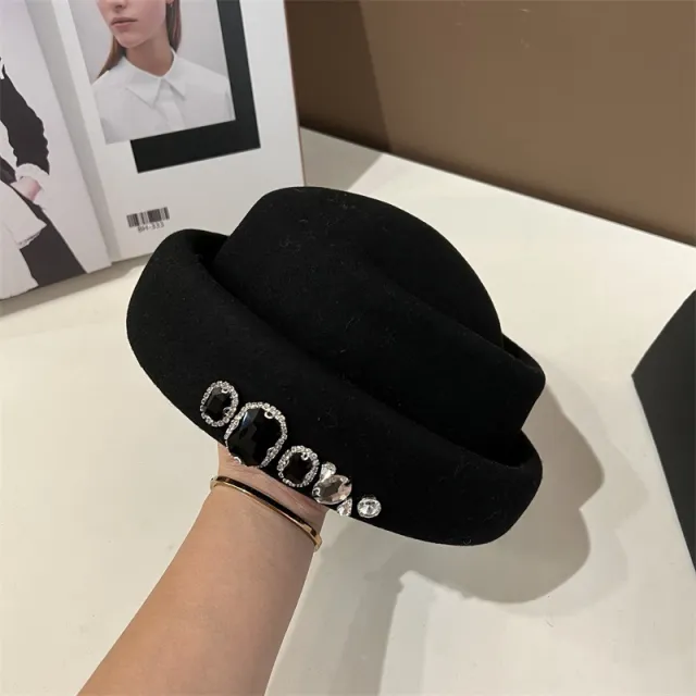 Women's Rhinestone Woolen Beret Black - Shop at LoveMi