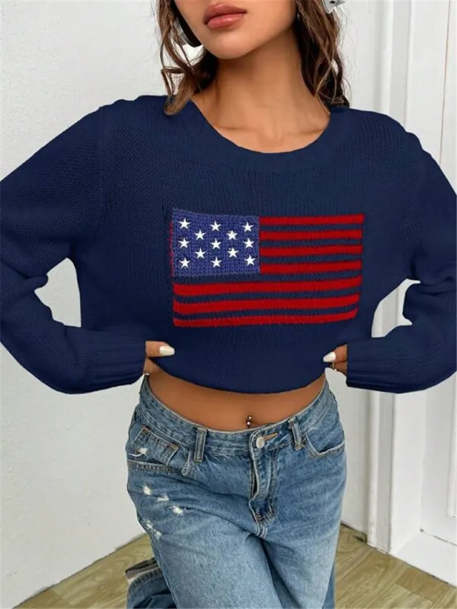 Women's Loose Round Neck Flag Sweater Blue - Shop at LoveMi