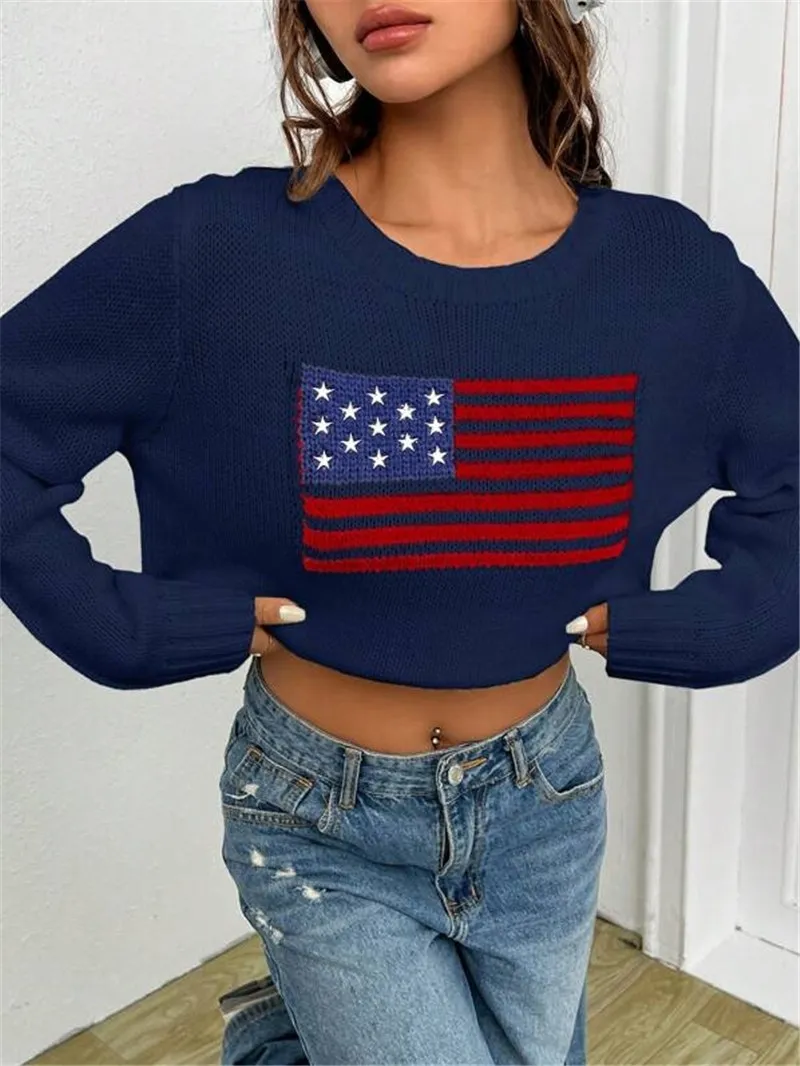 Women's Loose Round Neck Flag Sweater - Blue