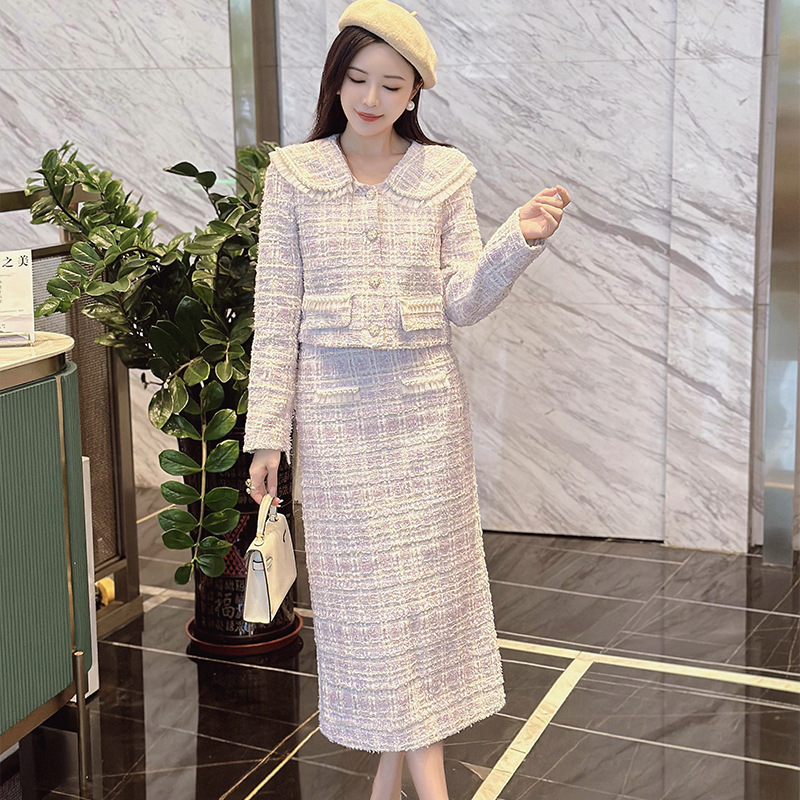 Elegant Chanel's Style Suit Heavy Industry Beads Lapel Short Coat Skirt Two-piece Set