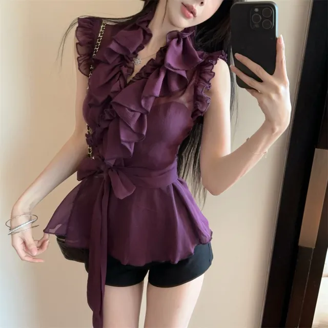 Sexy Ruffled V neck Lace Up Chiffon Shirt Purple - Shop at LoveMi