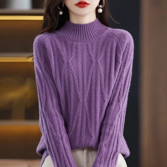 Pure Wool Autumn And Winter Women's Short Half Turtleneck Solid Color Sweater Purple - Shop at LoveMi