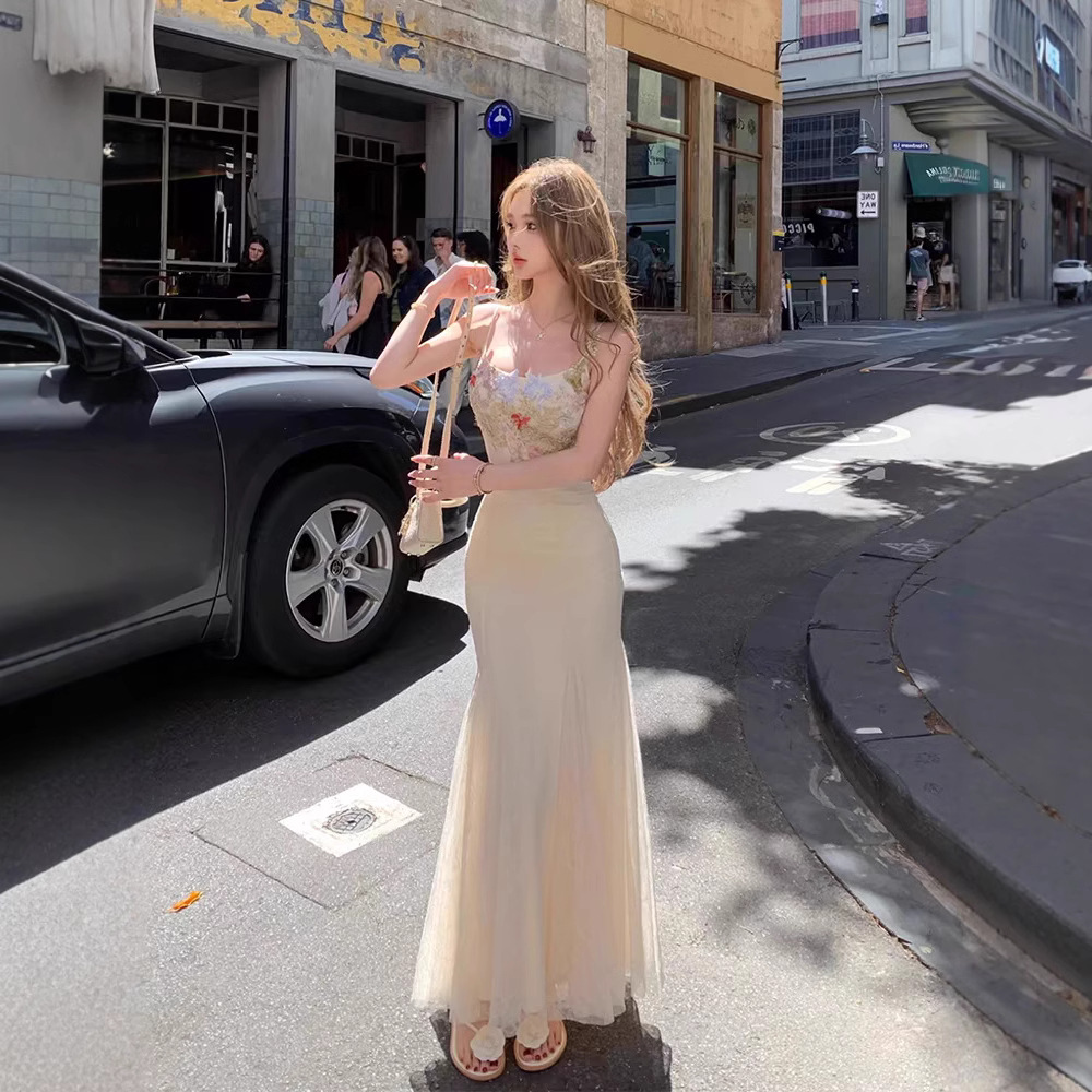 Floral Patchwork Sheath Fishtail Slip Dress For Women