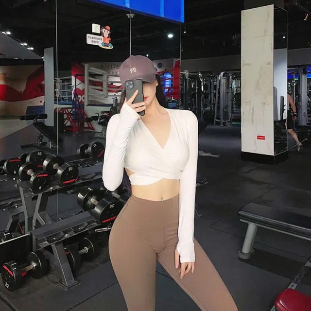 Yoga Clothes Long Sleeve Cross Sexy Women's Detachable Chest Pad Beige - Shop at LoveMi
