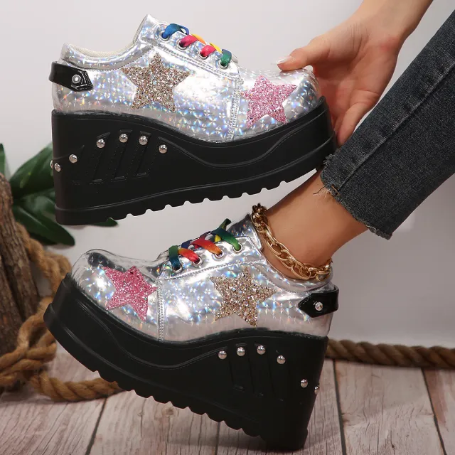 Punk Shiny Leather Rivet Thick Sole Casual Platform Shoes White - Shop at LoveMi