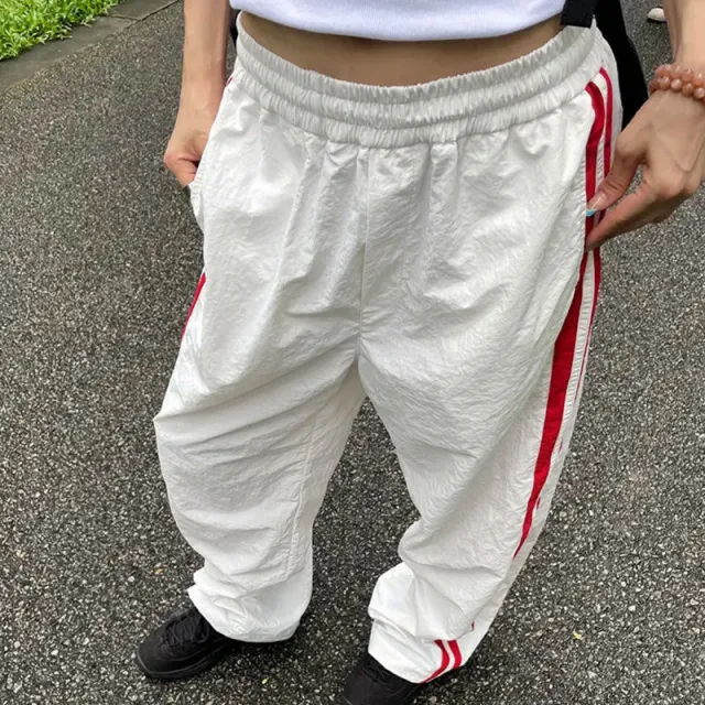 Casual Straight Pants Women's Summer Thin High Waist Striped Stitching Style Wide Leg Loose Track Pants White - Shop at LoveMi
